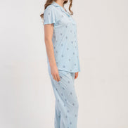Pınarca Kadın Pijama Takımı Kısa Kollu Gömlek Yaka Desenli Viskon