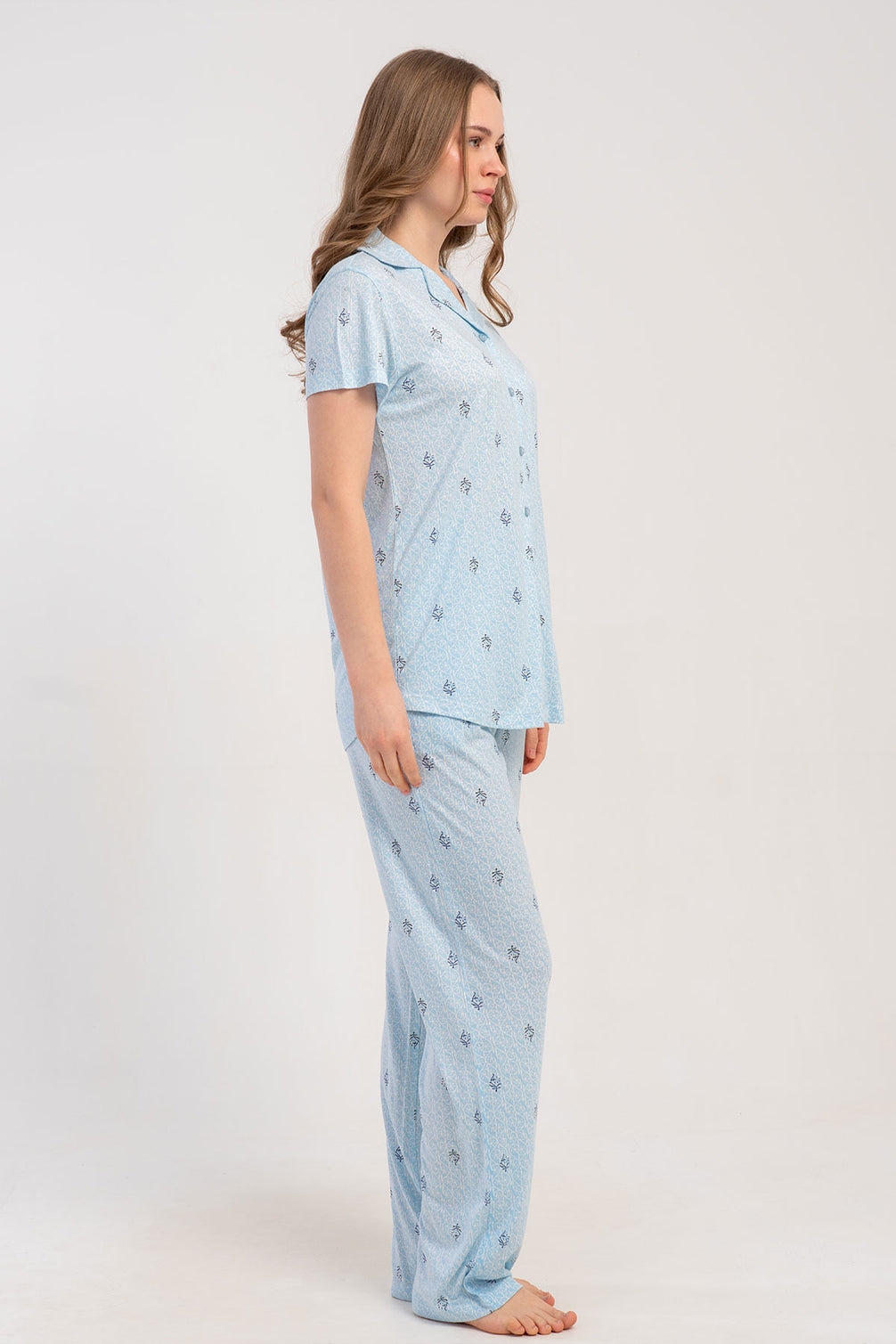 Pınarca Kadın Pijama Takımı Kısa Kollu Gömlek Yaka Desenli Viskon