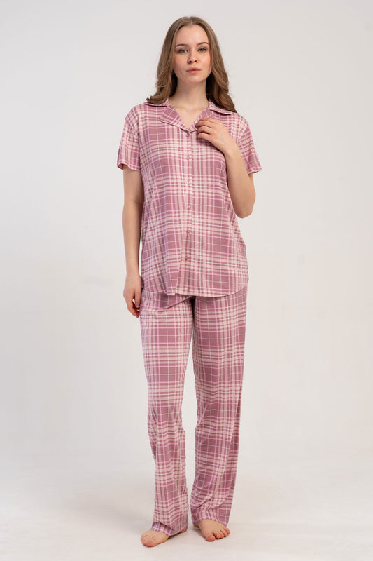 Pınarca Kadın Pijama Takımı Kısa Kollu Gömlek Yaka Ekose Desenli Viskon