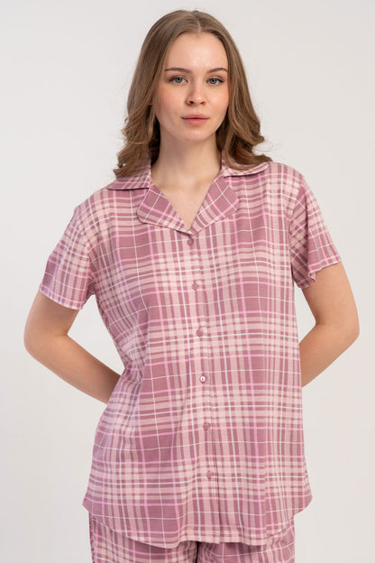 Pınarca Kadın Pijama Takımı Kısa Kollu Gömlek Yaka Ekose Desenli Viskon