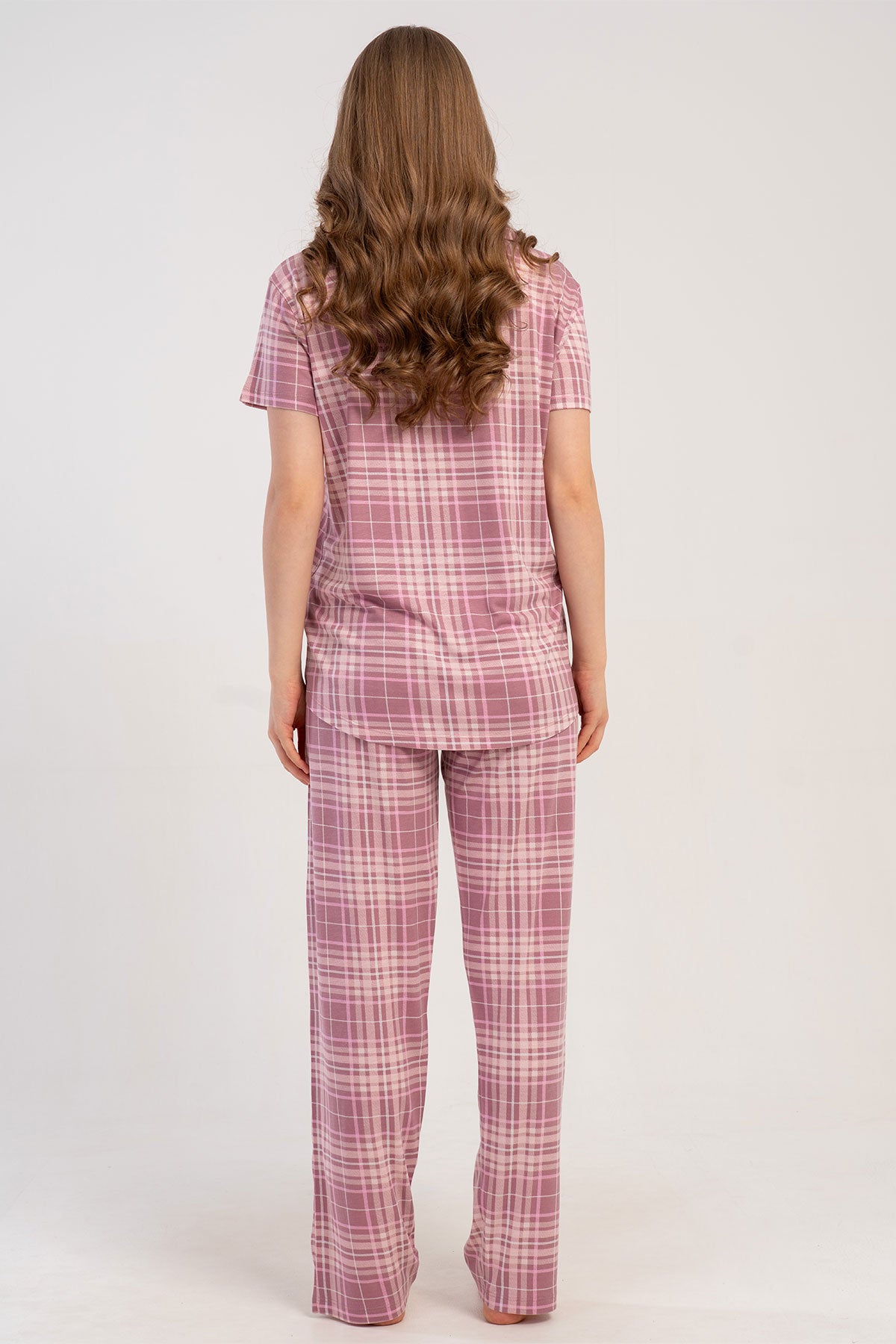 Pınarca Kadın Pijama Takımı Kısa Kollu Gömlek Yaka Ekose Desenli Viskon