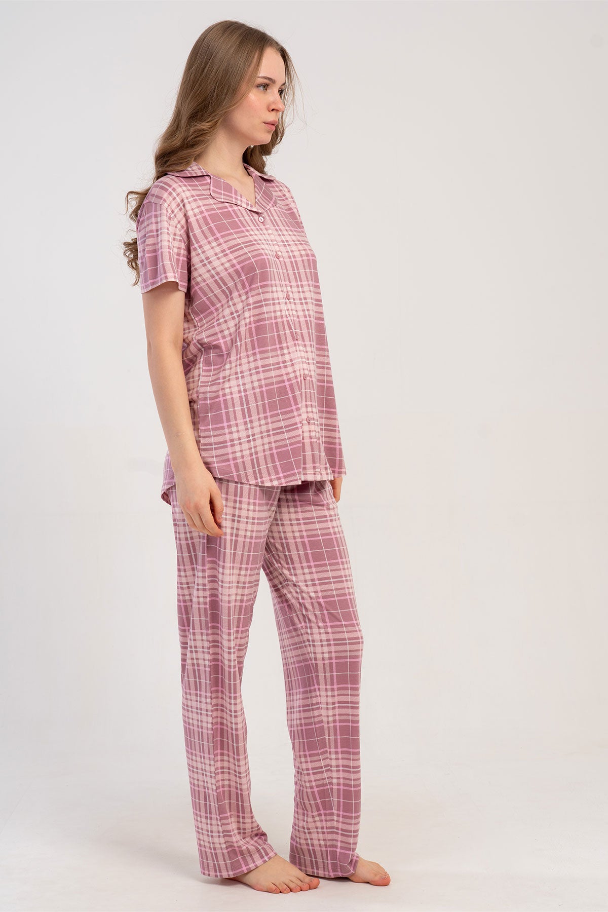 Pınarca Kadın Pijama Takımı Kısa Kollu Gömlek Yaka Ekose Desenli Viskon