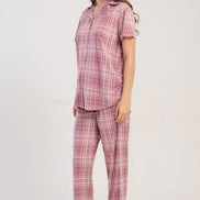 Pınarca Kadın Pijama Takımı Kısa Kollu Gömlek Yaka Ekose Desenli Viskon