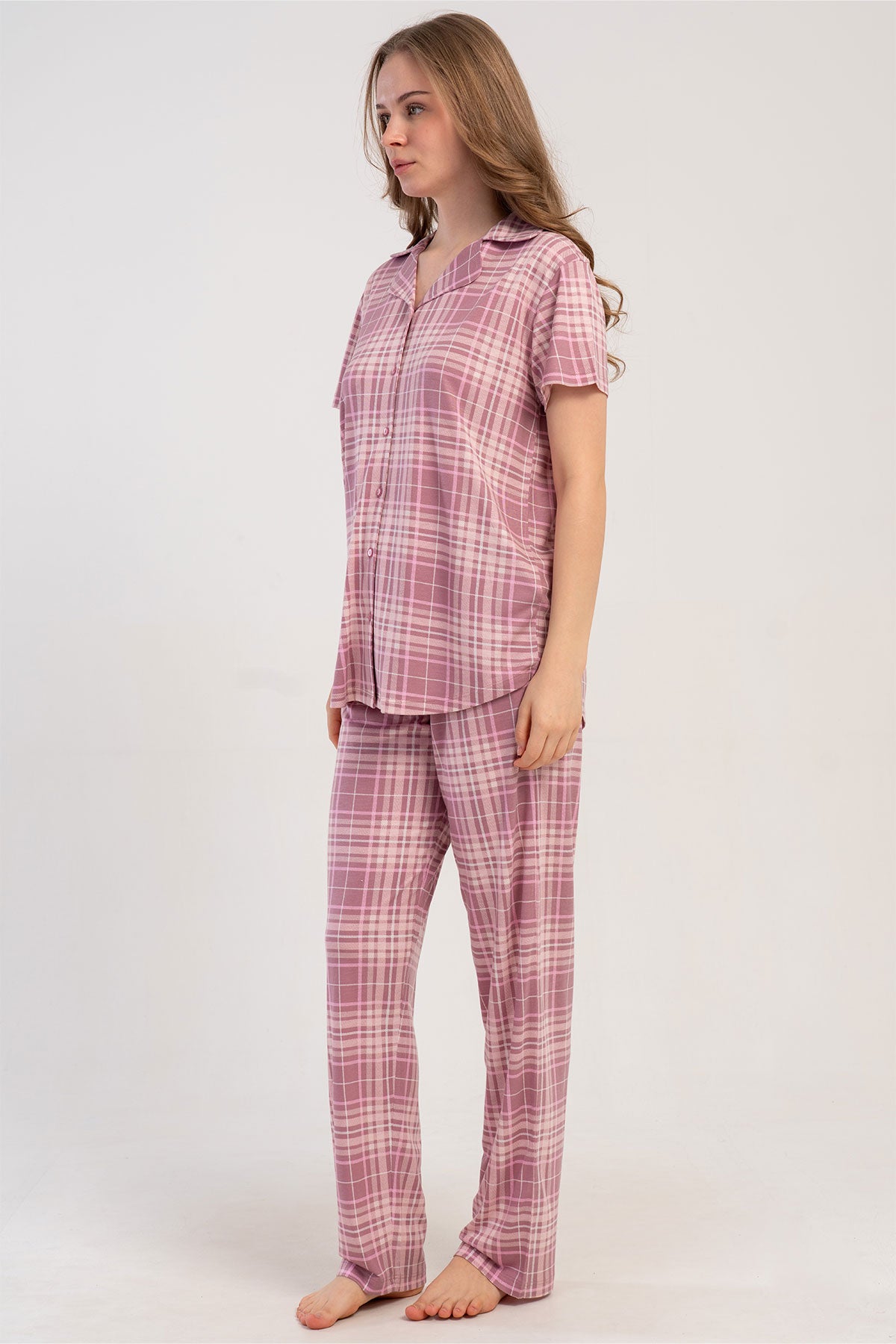 Pınarca Kadın Pijama Takımı Kısa Kollu Gömlek Yaka Ekose Desenli Viskon