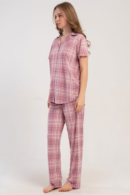 Pınarca Kadın Pijama Takımı Kısa Kollu Gömlek Yaka Ekose Desenli Viskon