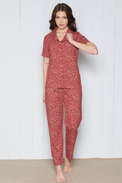 Pınarca Kadın Pijama Takımı Kısa Kollu Gömlek Yaka Geometrik Desenli