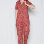 Pınarca Kadın Pijama Takımı Kısa Kollu Gömlek Yaka Geometrik Desenli