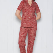 Pınarca Kadın Pijama Takımı Kısa Kollu Gömlek Yaka Geometrik Desenli