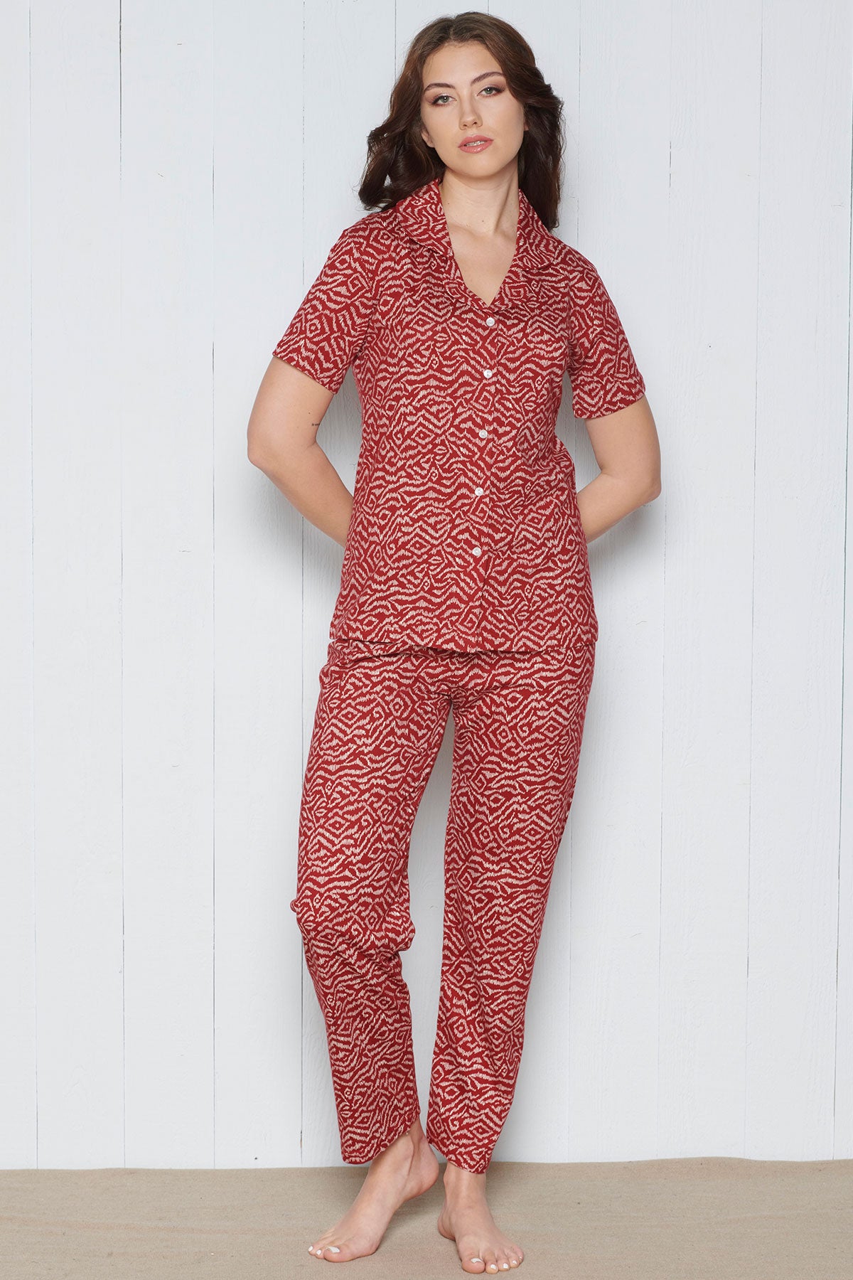 Pınarca Kadın Pijama Takımı Kısa Kollu Gömlek Yaka Geometrik Desenli