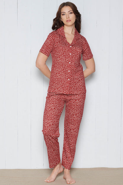 Pınarca Kadın Pijama Takımı Kısa Kollu Gömlek Yaka Geometrik Desenli