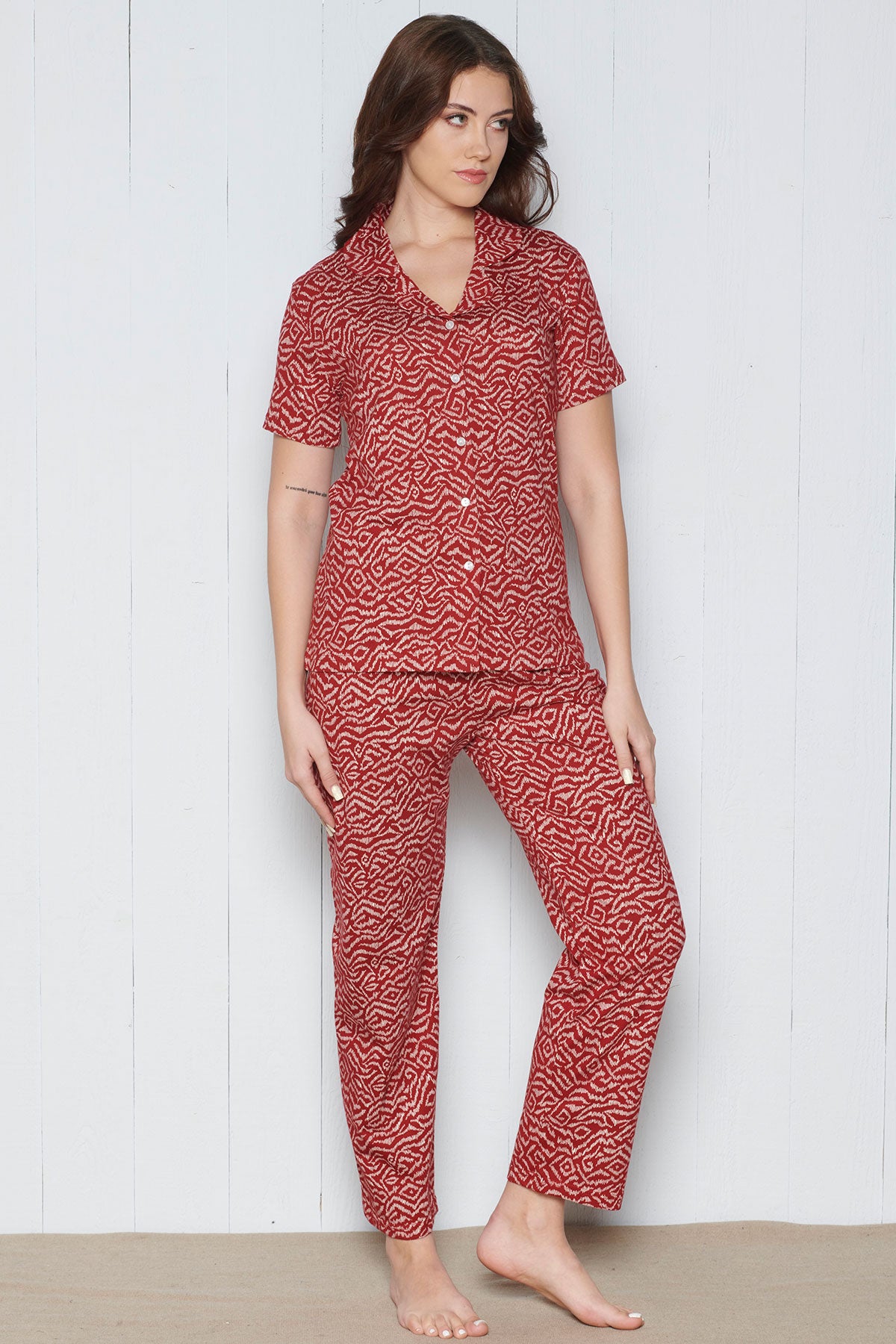 Pınarca Kadın Pijama Takımı Kısa Kollu Gömlek Yaka Geometrik Desenli