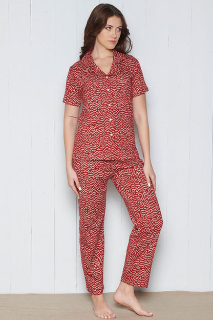 Pınarca Kadın Pijama Takımı Kısa Kollu Gömlek Yaka Geometrik Desenli