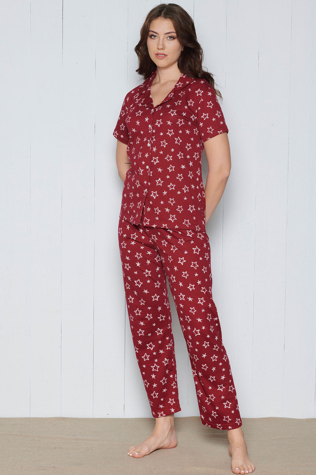 Pınarca Kadın Pijama Takımı Kısa Kollu Gömlek Yaka Yıldız Desenli