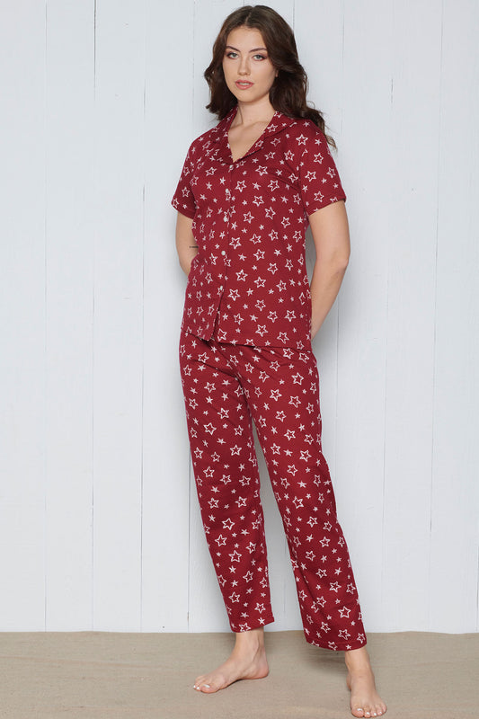 Pınarca Kadın Pijama Takımı Kısa Kollu Gömlek Yaka Yıldız Desenli