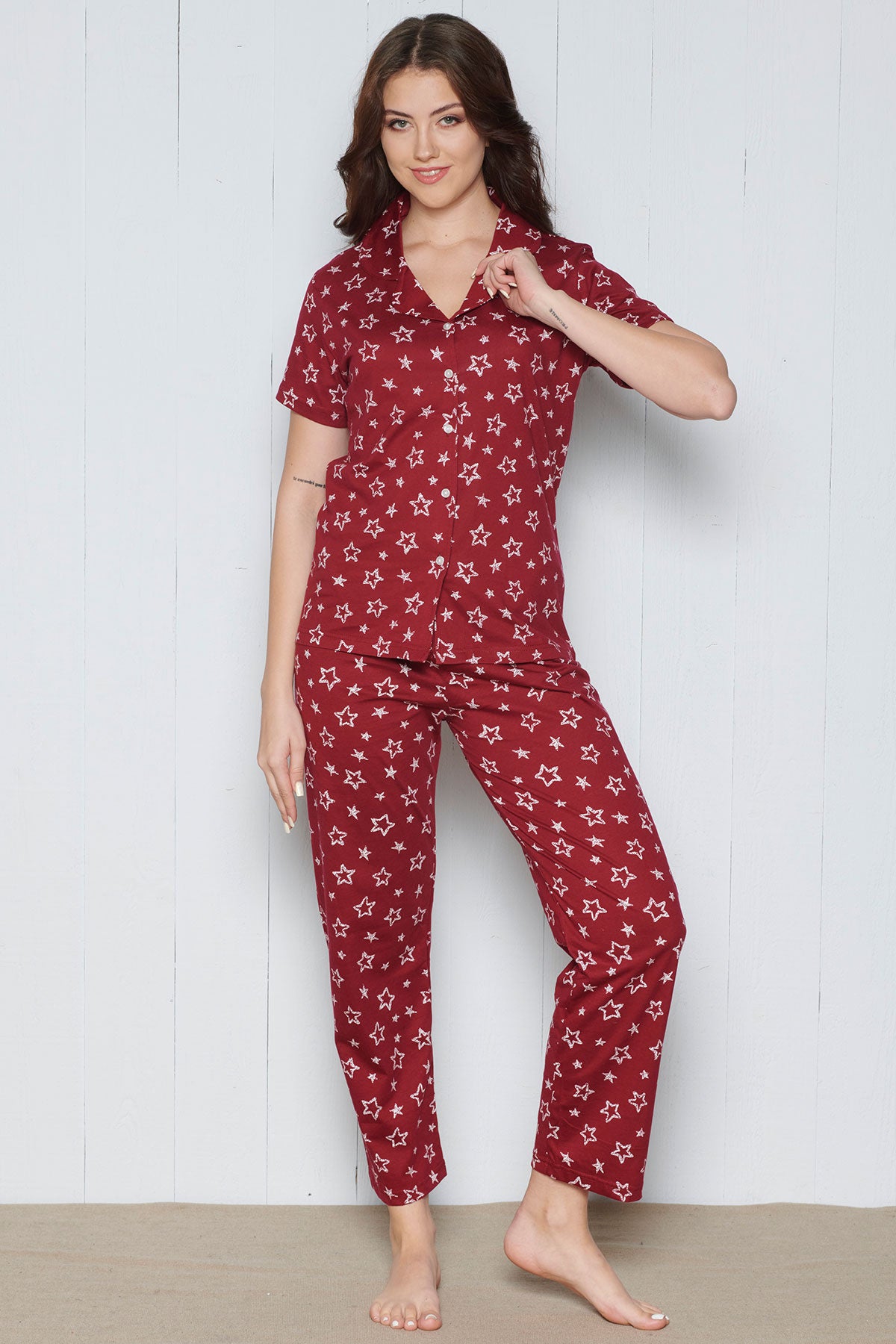 Pınarca Kadın Pijama Takımı Kısa Kollu Gömlek Yaka Yıldız Desenli