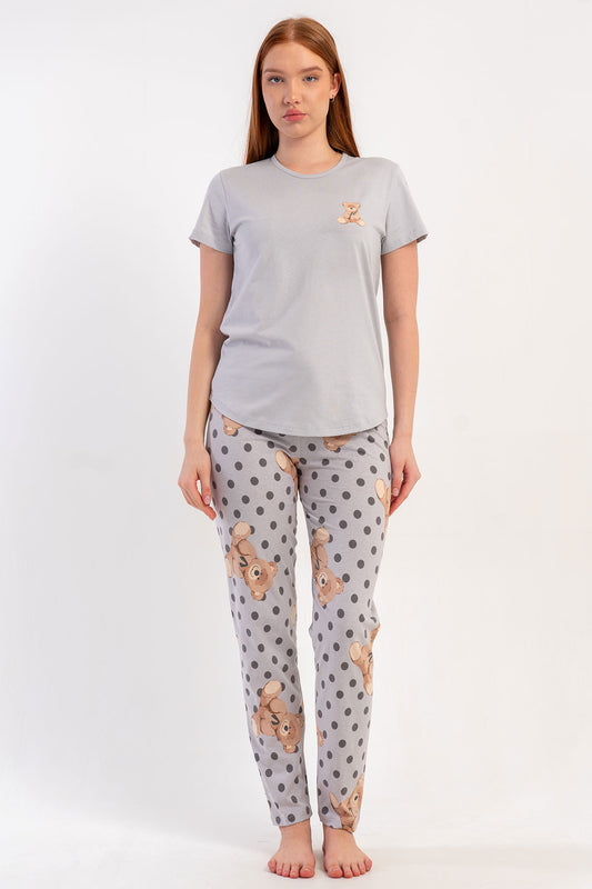 Pınarca Kadın Pijama Takımı Kısa Kollu Pamuklu Bisiklet Yaka Ayıcık Baskılı Puantiyeli