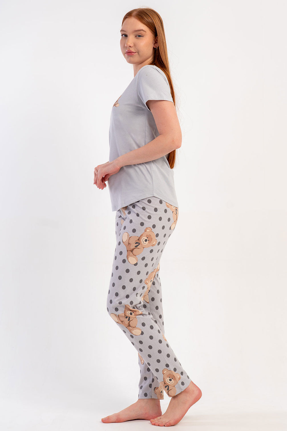 Pınarca Kadın Pijama Takımı Kısa Kollu Pamuklu Bisiklet Yaka Ayıcık Baskılı Puantiyeli