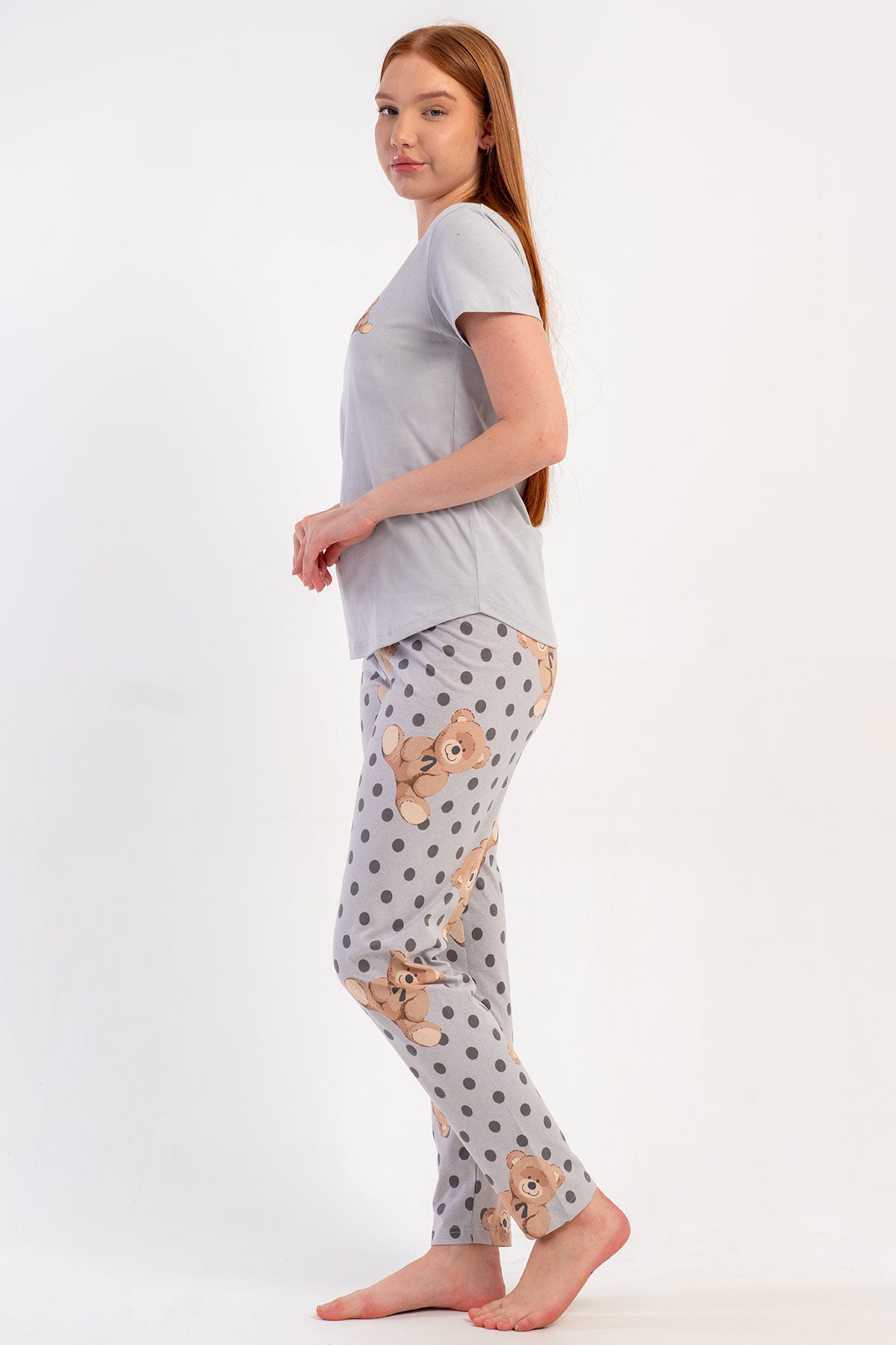 Pınarca Kadın Pijama Takımı Kısa Kollu Pamuklu Bisiklet Yaka Ayıcık Baskılı Puantiyeli