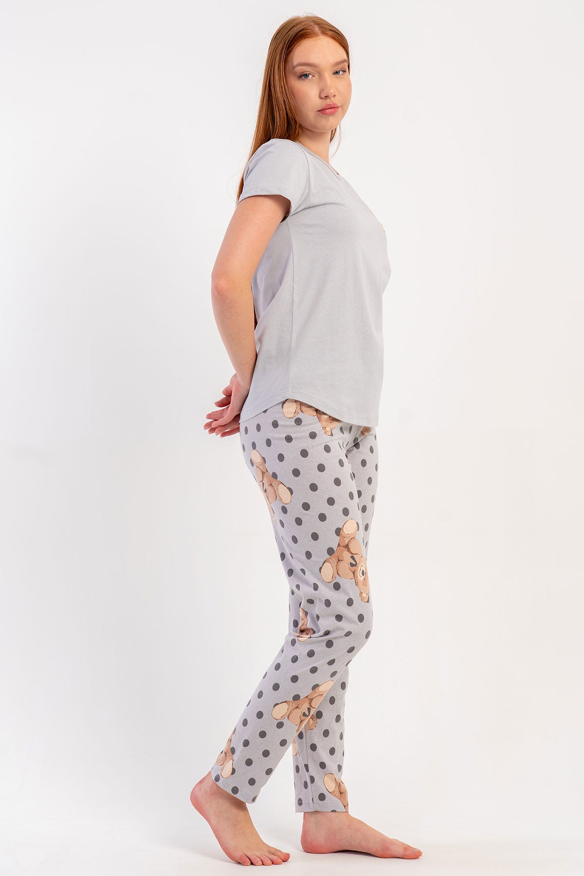 Pınarca Kadın Pijama Takımı Kısa Kollu Pamuklu Bisiklet Yaka Ayıcık Baskılı Puantiyeli