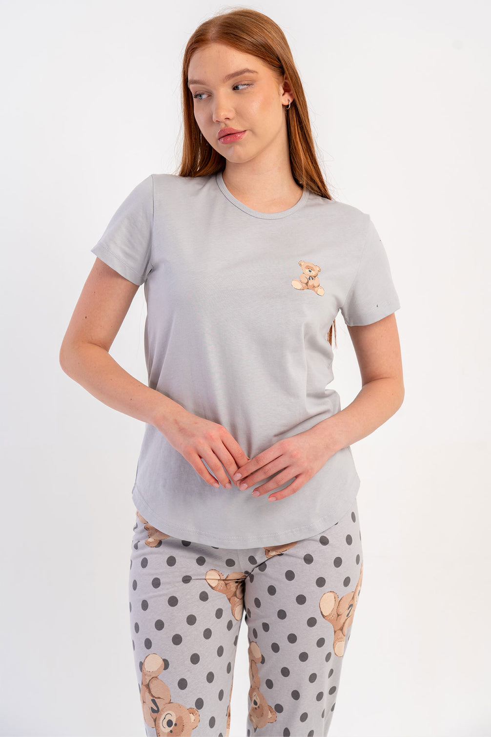 Pınarca Kadın Pijama Takımı Kısa Kollu Pamuklu Bisiklet Yaka Ayıcık Baskılı Puantiyeli