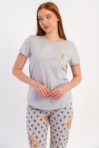 Pınarca Kadın Pijama Takımı Kısa Kollu Pamuklu Bisiklet Yaka Ayıcık Baskılı Puantiyeli