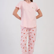 Pınarca Kadın Pijama Takımı Kısa Kollu Pamuklu Bisiklet Yaka Çilek Desenli