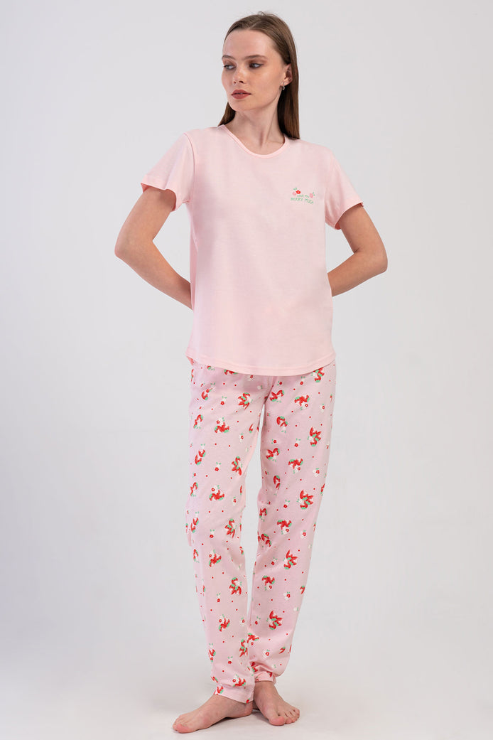 Pınarca Kadın Pijama Takımı Kısa Kollu Pamuklu Bisiklet Yaka Çilek Desenli
