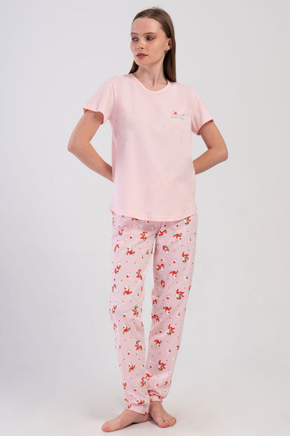 Pınarca Kadın Pijama Takımı Kısa Kollu Pamuklu Bisiklet Yaka Çilek Desenli