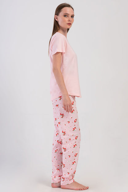 Pınarca Kadın Pijama Takımı Kısa Kollu Pamuklu Bisiklet Yaka Çilek Desenli