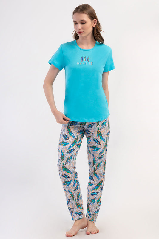 Pınarca Kadın Pijama Takımı Kısa Kollu Pamuklu Bisiklet Yaka Yaprak Desenli
