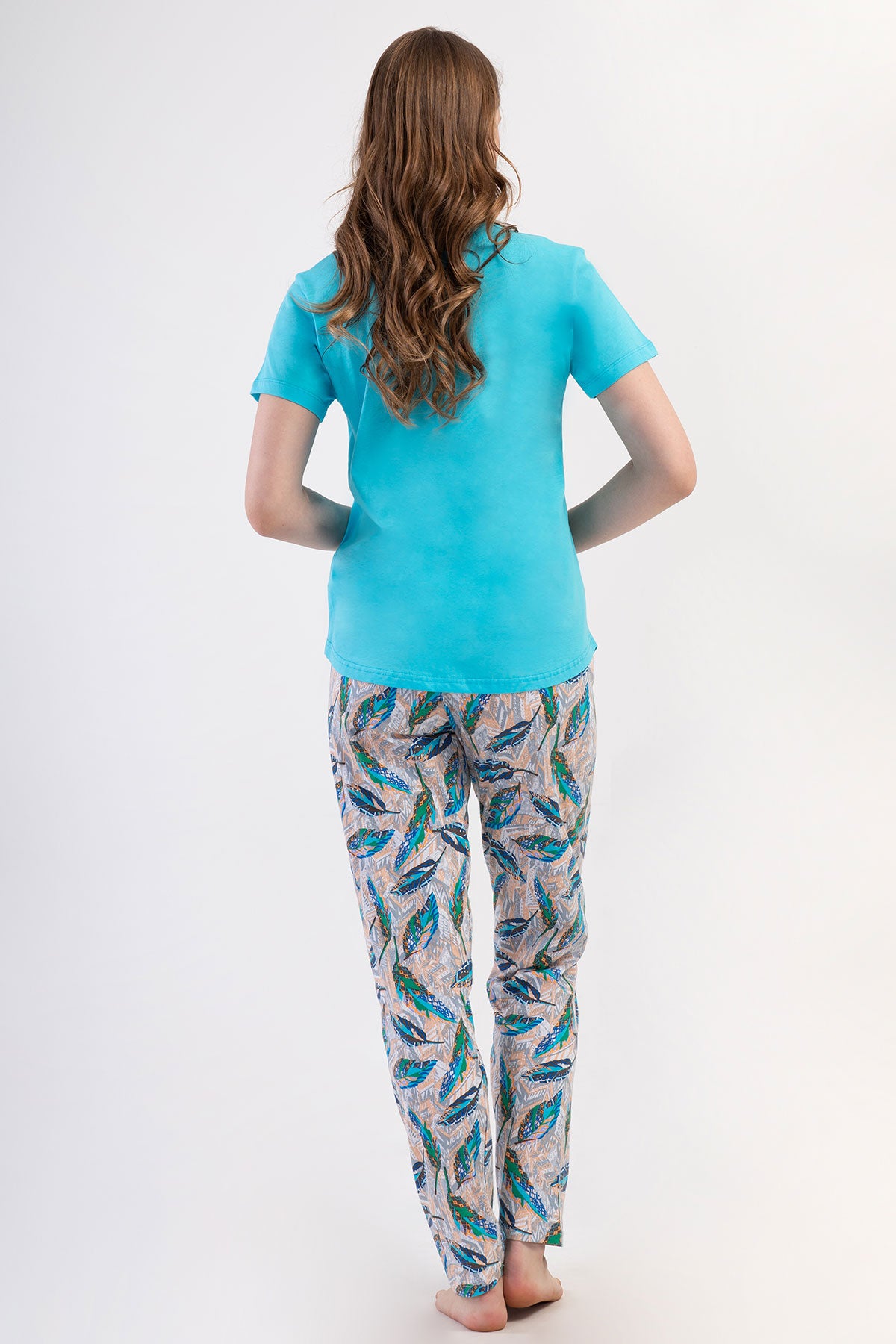 Pınarca Kadın Pijama Takımı Kısa Kollu Pamuklu Bisiklet Yaka Yaprak Desenli