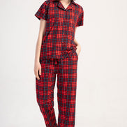 Pınarca Kadın Pijama Takımı Kısa Kollu Pamuklu Gömlek Yaka Ekose Desenli