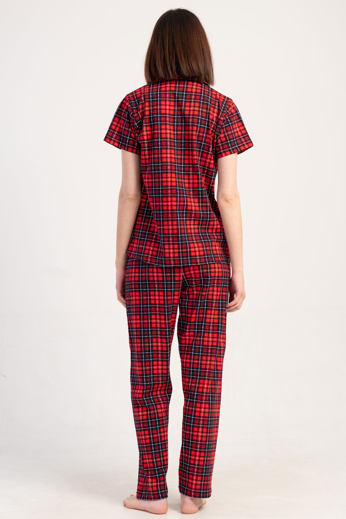 Pınarca Kadın Pijama Takımı Kısa Kollu Pamuklu Gömlek Yaka Ekose Desenli