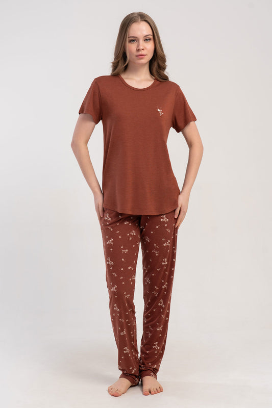 Pınarca Kadın Pijama Takımı Kısa Kollu Yuvarlak Yaka Desenli Viskon