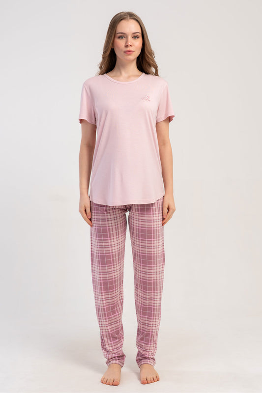 Pınarca Kadın Pijama Takımı Kısa Kollu Yuvarlak Yaka Ekose Desenli Viskon