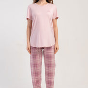 Pınarca Kadın Pijama Takımı Kısa Kollu Yuvarlak Yaka Ekose Desenli Viskon