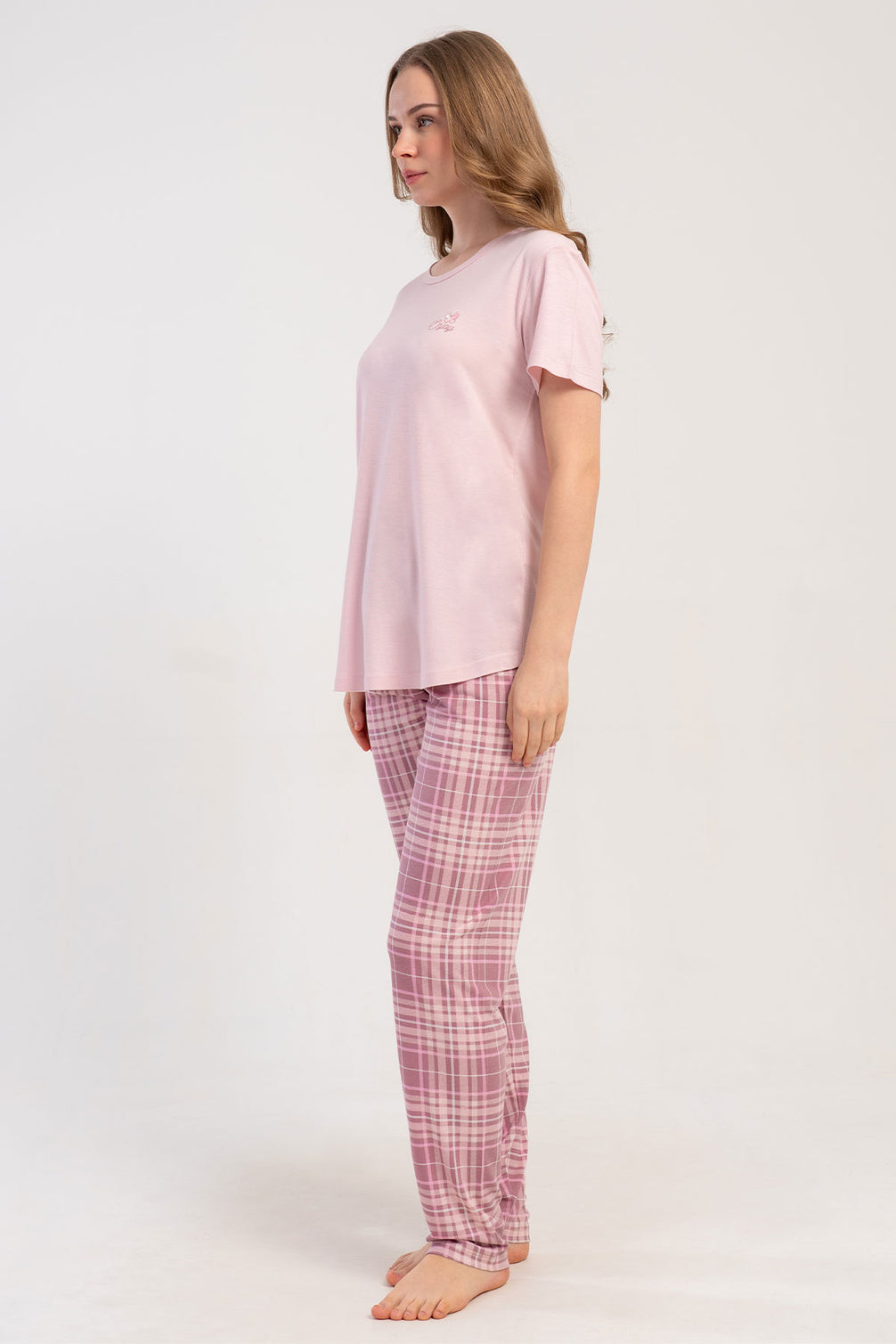 Pınarca Kadın Pijama Takımı Kısa Kollu Yuvarlak Yaka Ekose Desenli Viskon