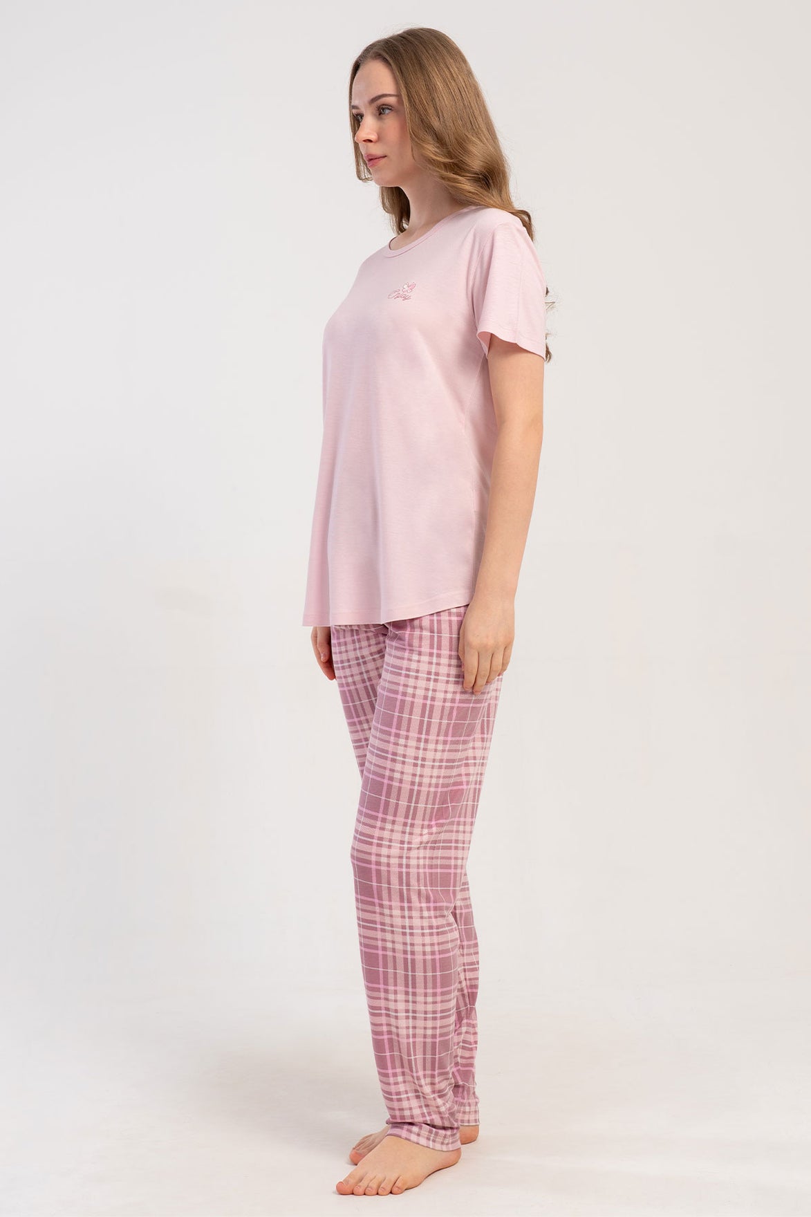 Pınarca Kadın Pijama Takımı Kısa Kollu Yuvarlak Yaka Ekose Desenli Viskon