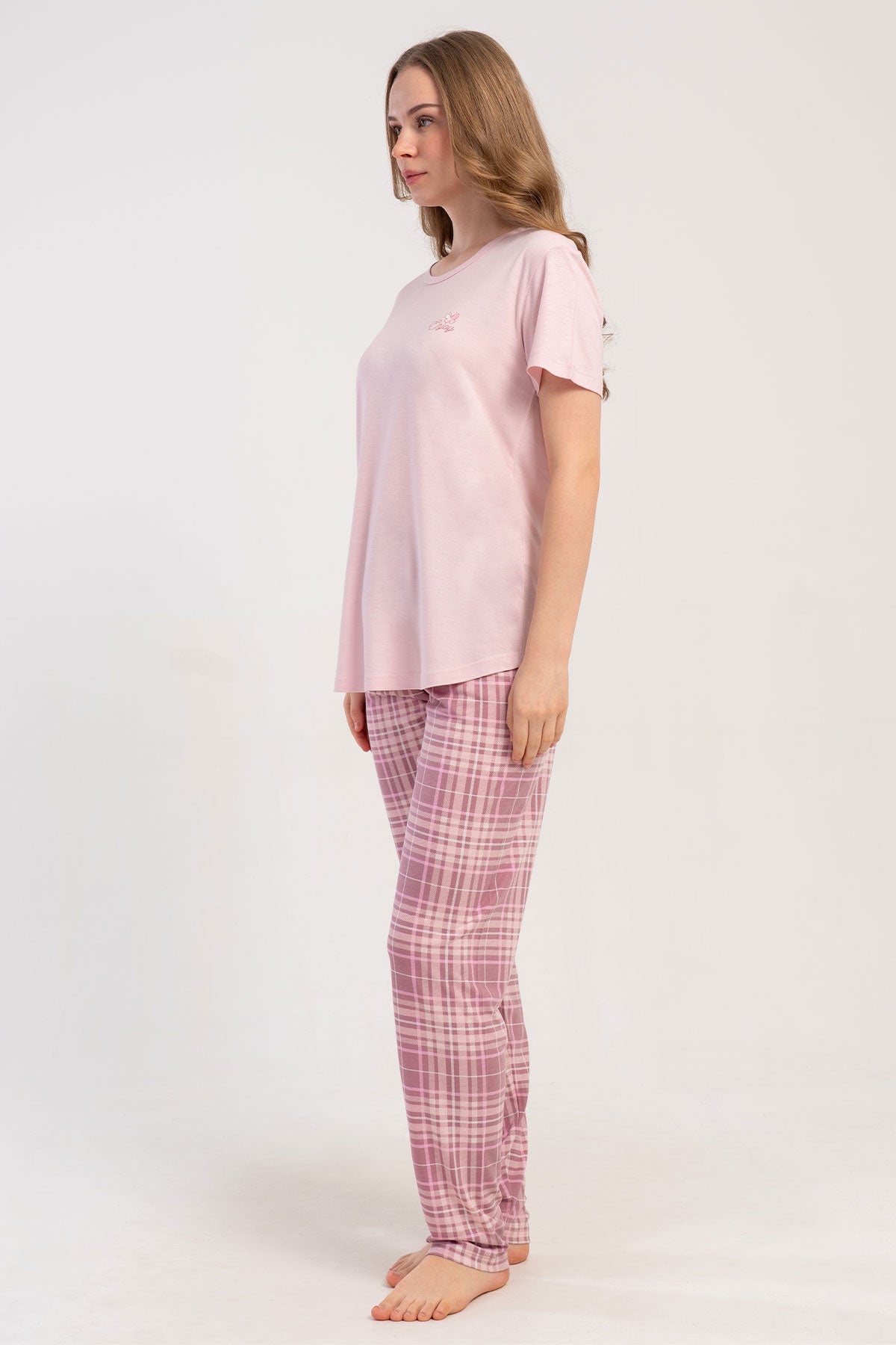 Pınarca Kadın Pijama Takımı Kısa Kollu Yuvarlak Yaka Ekose Desenli Viskon