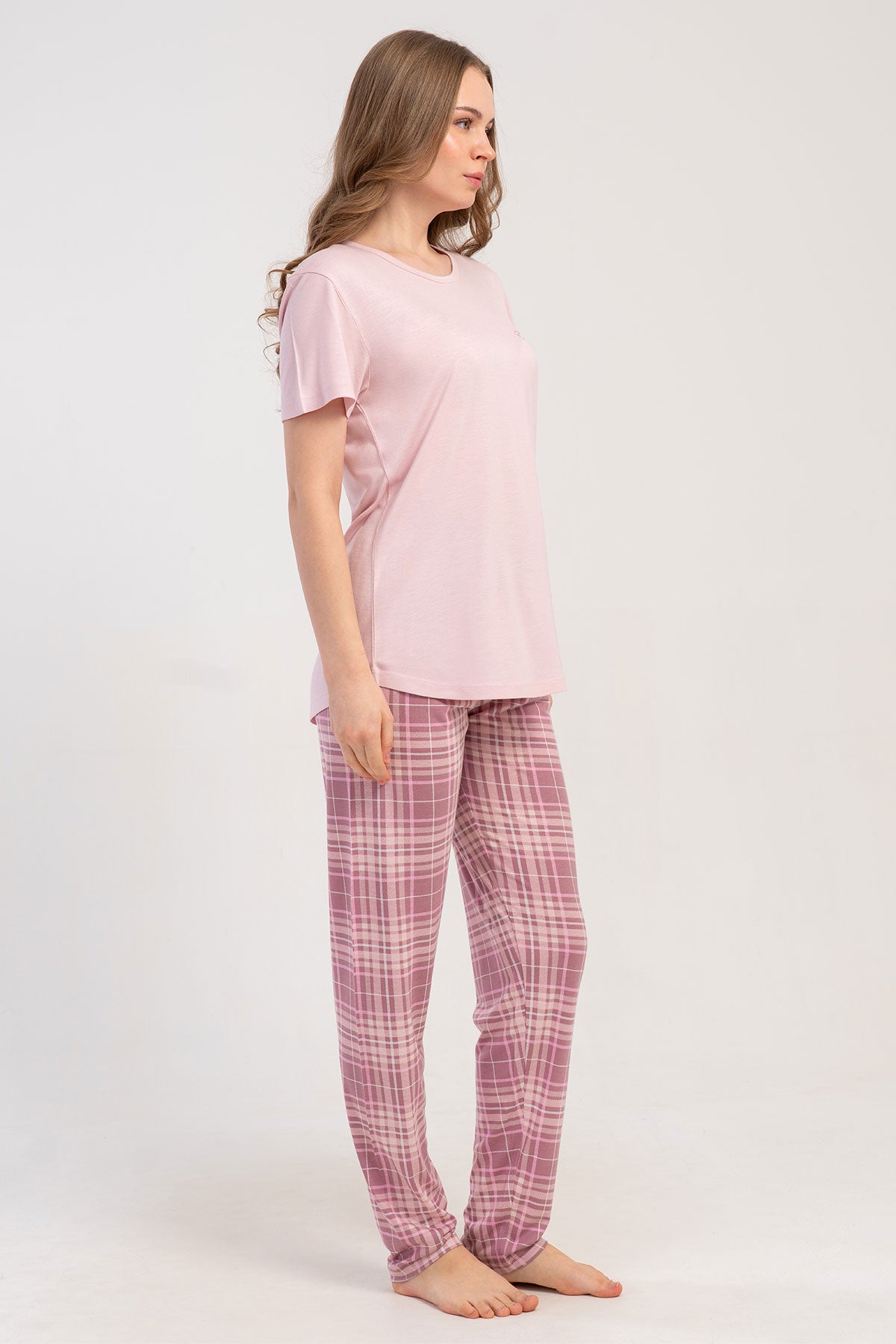 Pınarca Kadın Pijama Takımı Kısa Kollu Yuvarlak Yaka Ekose Desenli Viskon