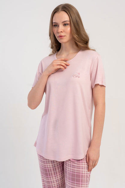 Pınarca Kadın Pijama Takımı Kısa Kollu Yuvarlak Yaka Ekose Desenli Viskon