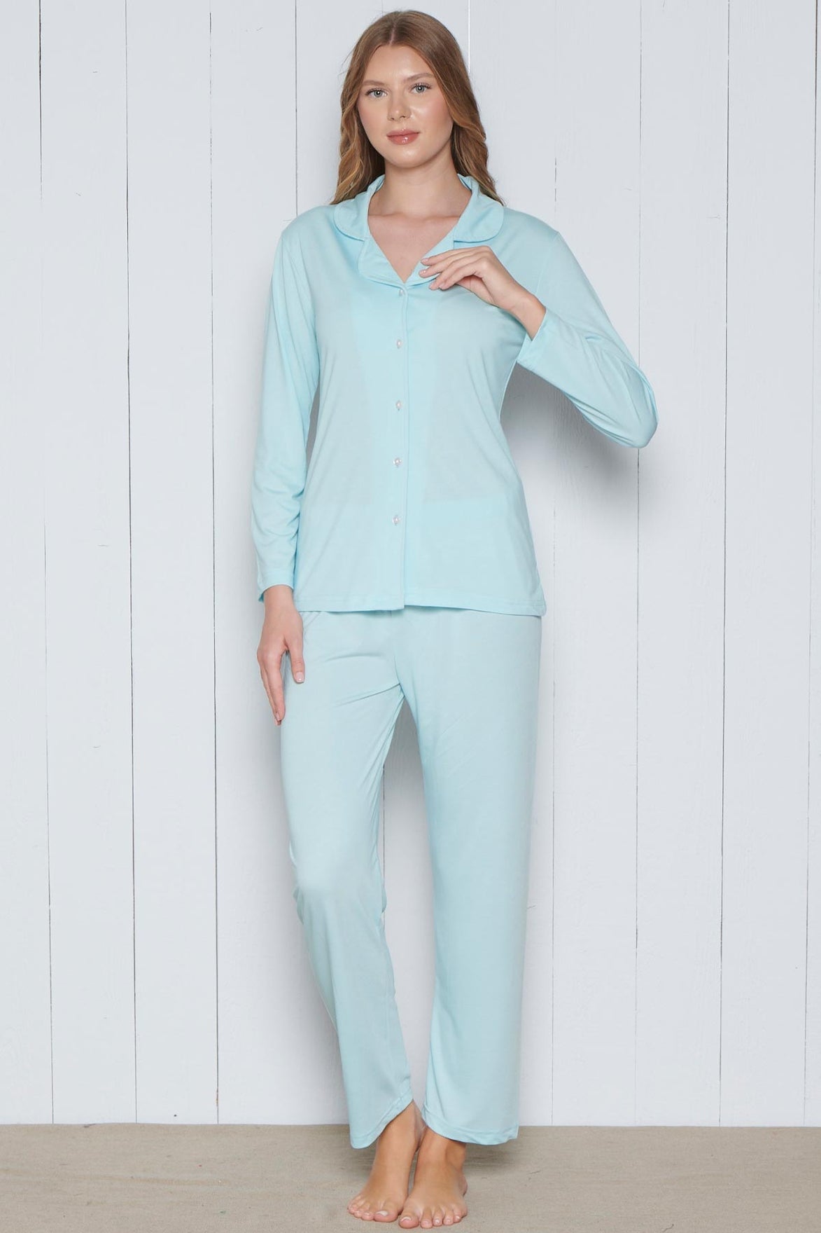 Pınarca Kadın Pijama Takımı Melisa Model Uzun Kollu Gömlek Yaka Pamuklu