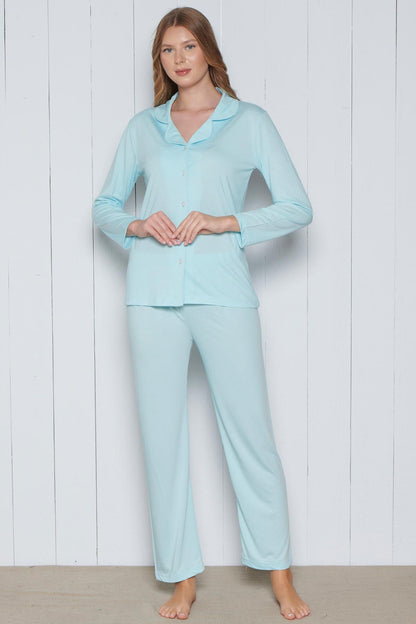 Pınarca Kadın Pijama Takımı Melisa Model Uzun Kollu Gömlek Yaka Pamuklu