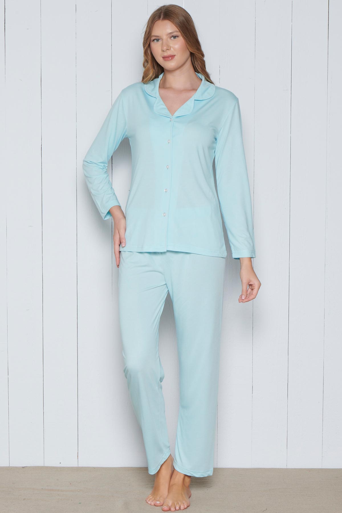 Pınarca Kadın Pijama Takımı Melisa Model Uzun Kollu Gömlek Yaka Pamuklu