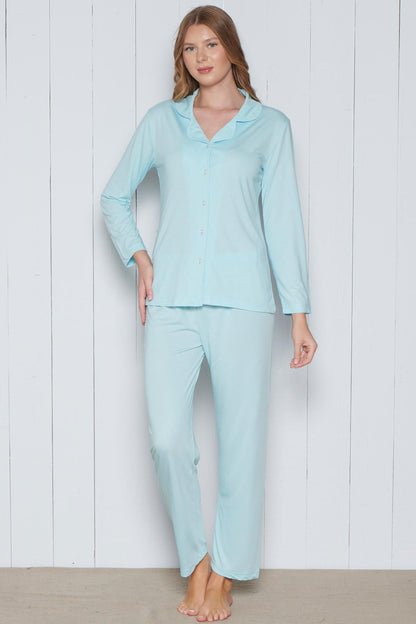 Pınarca Kadın Pijama Takımı Melisa Model Uzun Kollu Gömlek Yaka Pamuklu