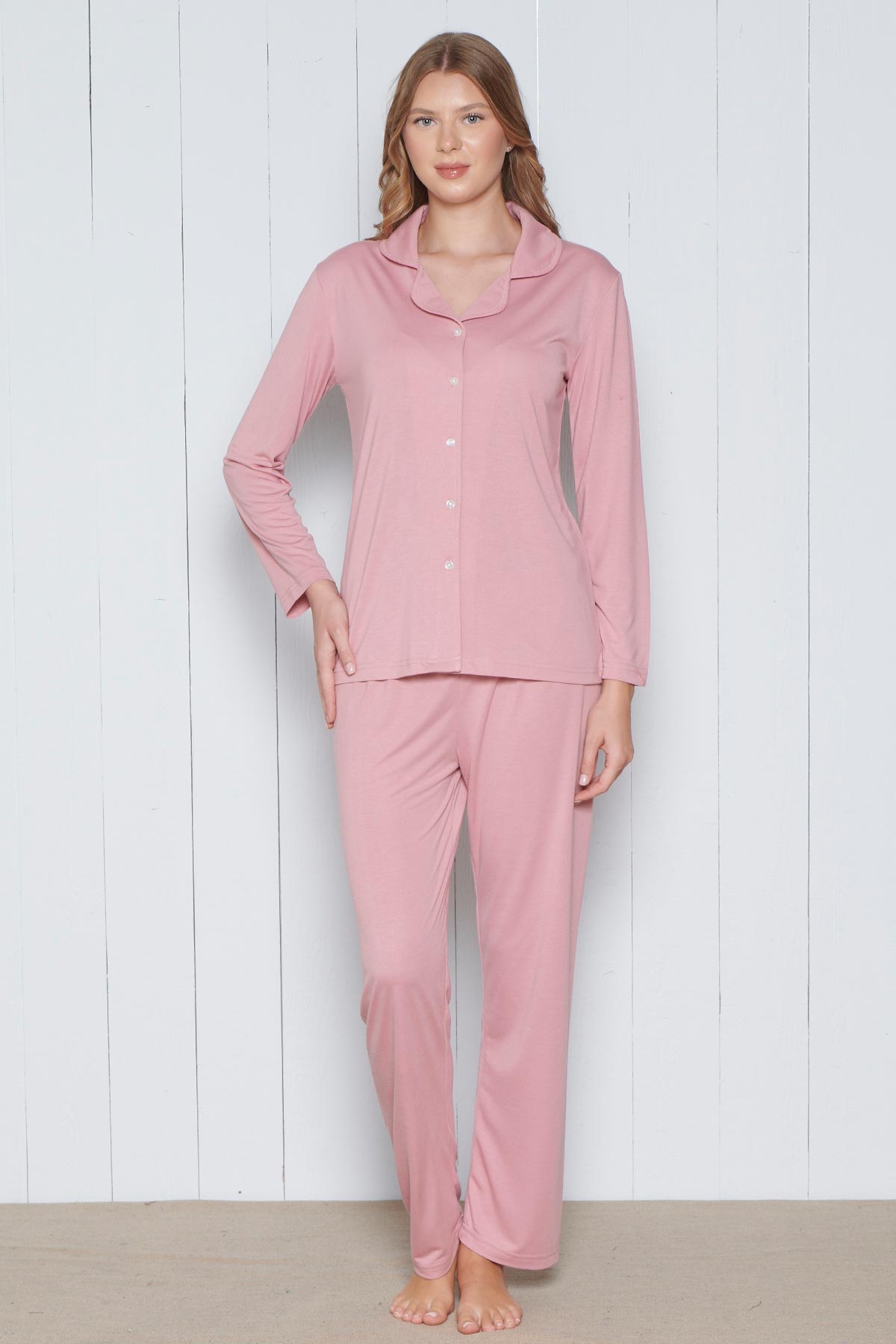 Pınarca Kadın Pijama Takımı Melisa Model Uzun Kollu Gömlek Yaka Pamuklu