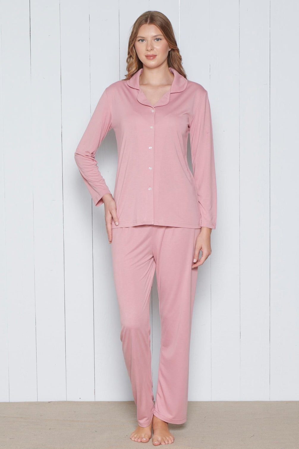 Pınarca Kadın Pijama Takımı Melisa Model Uzun Kollu Gömlek Yaka Pamuklu