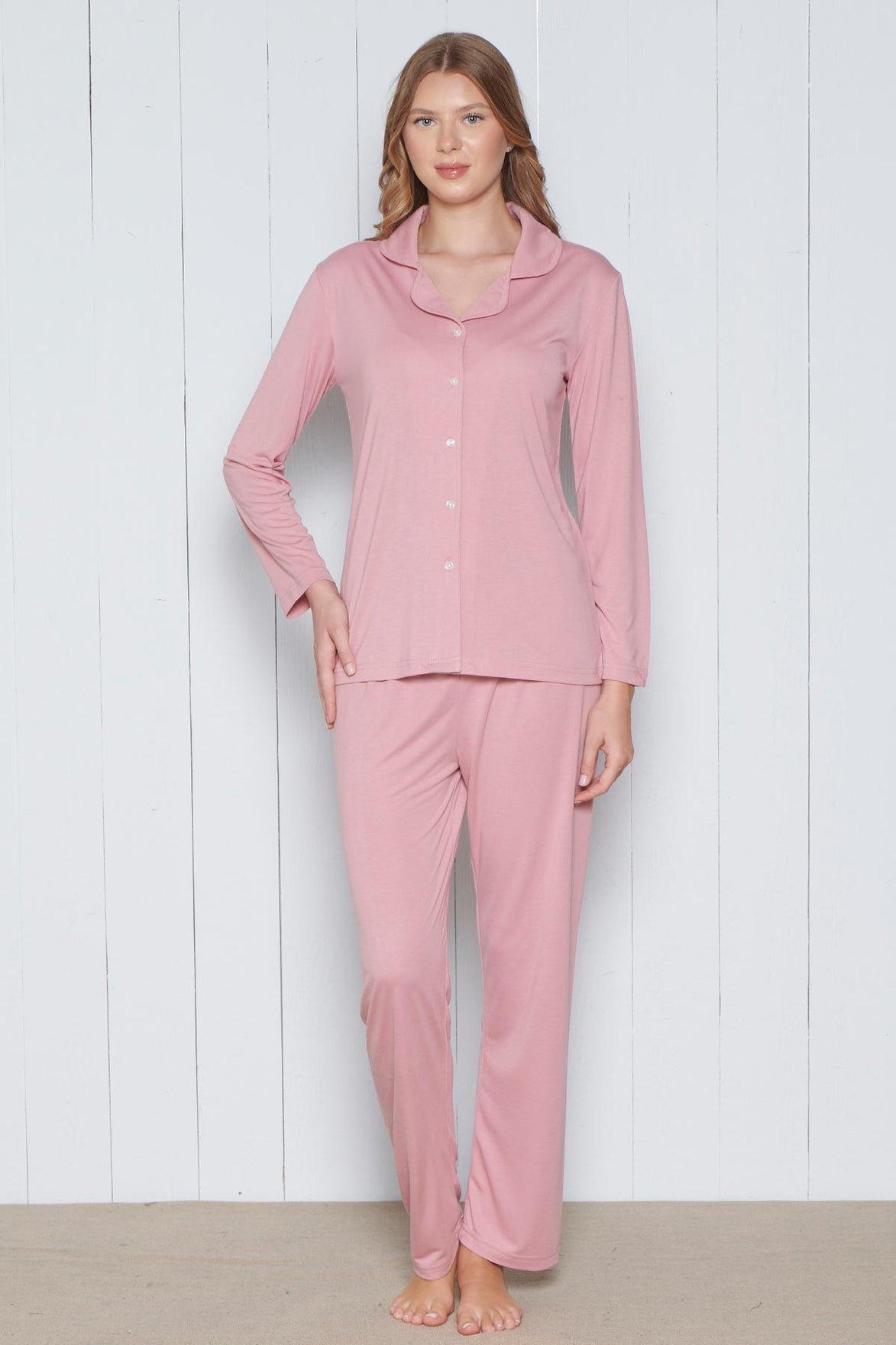 Pınarca Kadın Pijama Takımı Melisa Model Uzun Kollu Gömlek Yaka Pamuklu