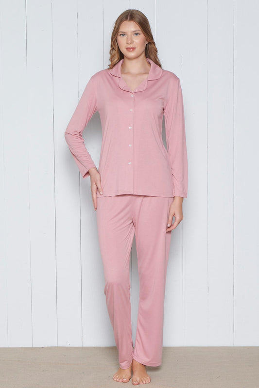 Pınarca Kadın Pijama Takımı Melisa Model Uzun Kollu Gömlek Yaka Pamuklu