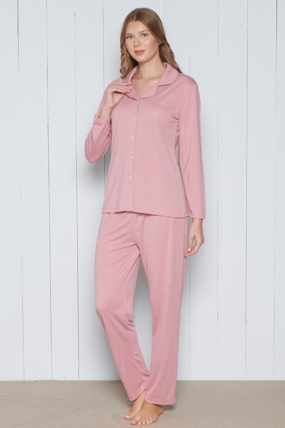 Pınarca Kadın Pijama Takımı Melisa Model Uzun Kollu Gömlek Yaka Pamuklu
